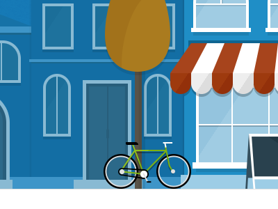 Bike bike blue board flat illustration houses shop tree