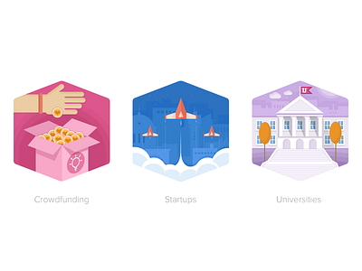 Topic illustrations part 2 box building coin crowdfunding hand illustration landscape spacecraft startups university