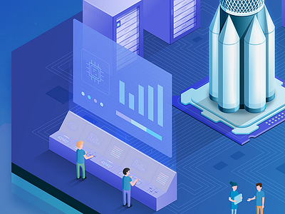 CPU launch site circuits controls cpu isometric people rocket