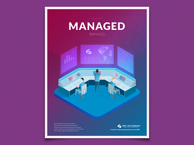 Managed Services control room illustration isometric screen server