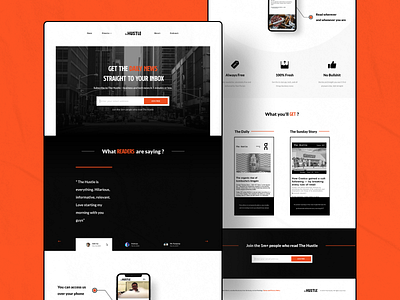 The Hustle Landing Page Redesign Concept black landingpage newsletter orange redesign concept retro ui uiux userexperience userinterface userinterfacedesign ux webdesign website white