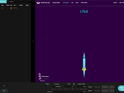 MintDice BitRocket Bitcoin Crash Game Interface