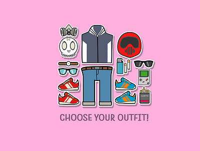 Fashion Outfit Object characterdesign elements fantasyart gameboy helmet illustration jacket jeans man t shirt objects outfits respirator shoes sunglasses vectorart