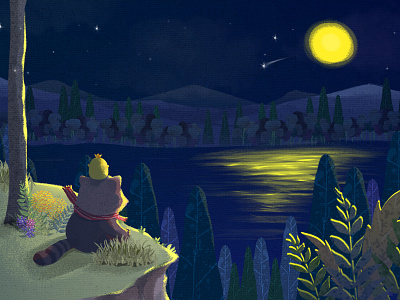 Roo&Pibi silent night animal flap illustration kids app lake night view roopibi