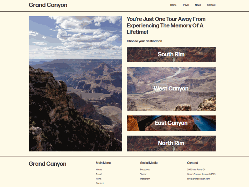 Grand Canyon Web Design animation landing page national park photography tourism typography ui ux visual visual design webdesign webdesigner webflow website website design