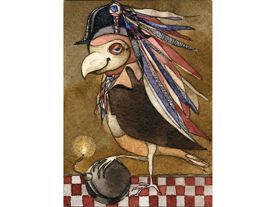 La Revolutionnaire. aceo artist trading card atc bird france ink miniature napoleon hat watercolor art
