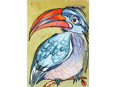 Hornbill aceo artist trading card atc bird bird illustration ink miniature watercolor watercolor art