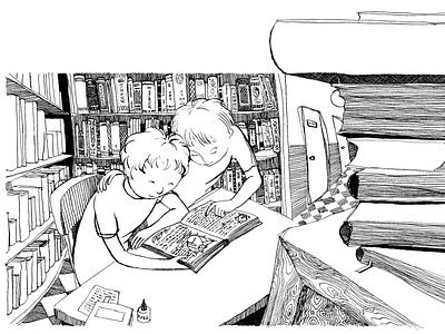 Looking for a spells. Book illustration. black white black and white book illustration boys childrens childrens book childrens illustration education elementary fairytale illustration ink library