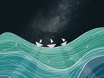 A Few Little Boats blue boat galaxy illustration line art milky way ocean reena sea ship stars waves