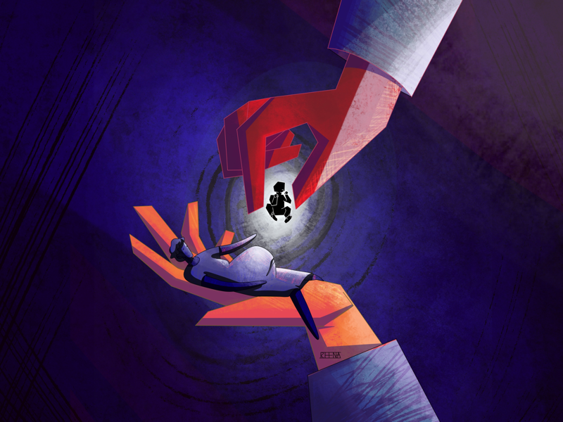 Editorial Illustration: “Normal Birth” universe baby pregnancy childbirth rowena sheehan reena caesarean hands giant hands illustration editorial editorial illustration