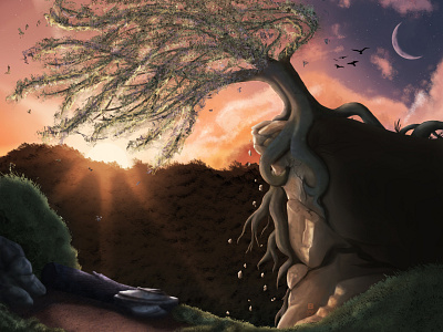 She Claims the Mountain concept art creative digitalart illustration moon scenery sun sunset tree willow