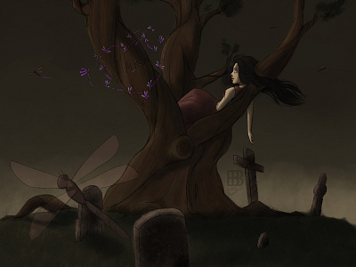 Juniper And Altruan cd cover creative creepy dark digitalart dragonfly girl graveyard illustration juniper tree