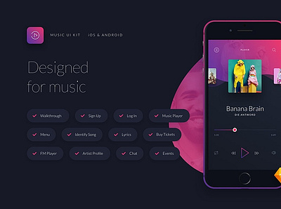 Music UI/UX Mobile App Kit chat feed form material message mobile ui profile sign sign in signup social ui ui kit