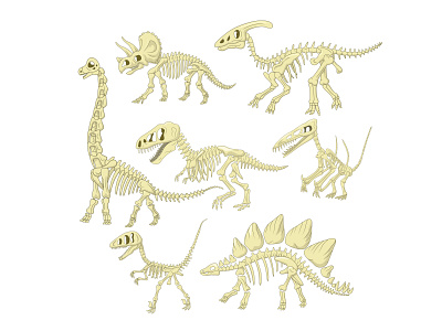 Dinosaurs skeleton ancient animal bone cartoon character dino dinosaur dragon fossil illustration jurassic lizard paleontology prehistoric raptor set skeleton skull