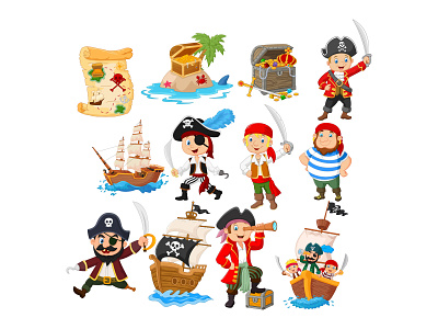 Pirate adventure buccaneer burglar captain cartoon character collection comic happy illustration island journey kids male people piracy pirate sailor set ship