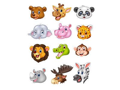 Animal heads africa alligator animal bear cartoon character cheetah deer elephant hippo illustration lion mascot monkey moose panda rhino wild wildlife zoo