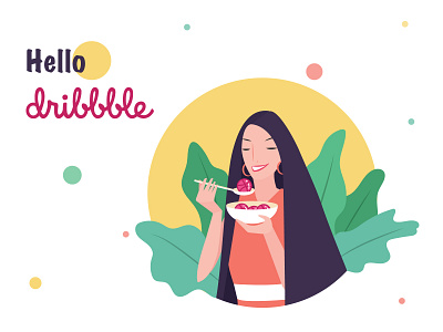Hello Dribble! first shot flat illustration girl character girl eating girl illustration hello dribbble