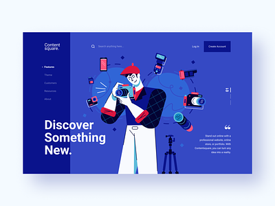 Contentsquare - Header Exploration 1 character character design discover flat design header illustration influencer landing page lifestyle passion photographer product products purple ui ux vector website website concept website creator