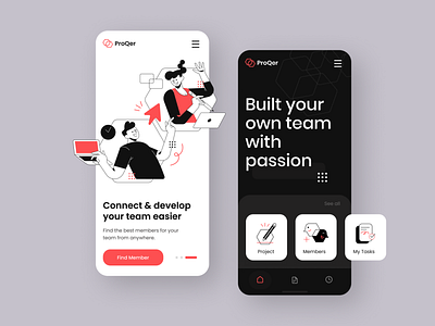 ProQer - Team Network Mobile App application bussiness character character design company flat design illustration management mobile app network onboarding project startup strategy task team teamwork ui ux work