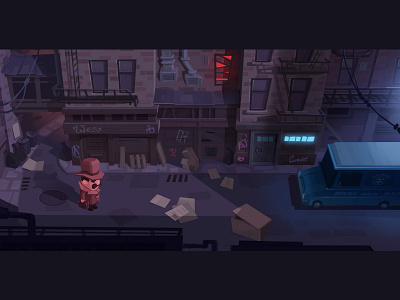 Location and character. Detective. 2d art art characterdesign detective gameart illustration location lowpolyart night