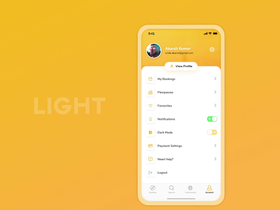 Spacebar App | Dark Mode Interaction account adobe xd animation coworking space dark app dark mode dark theme interaction light mode mobile app my account night mode product design profile prototyping settings spacebar switch ui ux