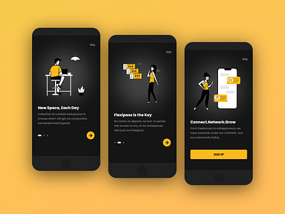 Spacebar App | Onboarding Dark Theme 16:9 adaptive adobe xd android black co working coworking space dark app dark mode dark theme illustration onboarding product design space spacebar ui design ux walkthrough