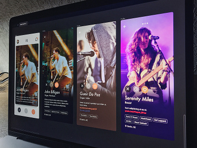"Find a musician near you" WIP cards connect mobile app mobile ui music product concept search social tinder ui design user photo user profile ux design uxui