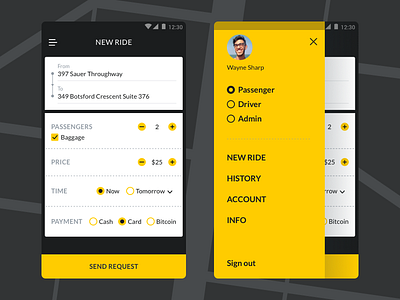 New ride & Menu screens driver form material mobile order ride taxi uber