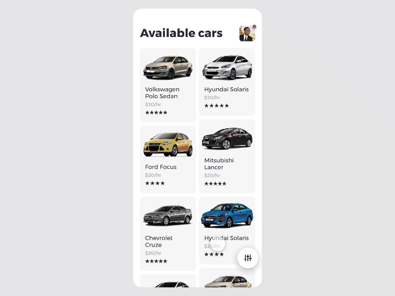 Screens transitions for car renting app