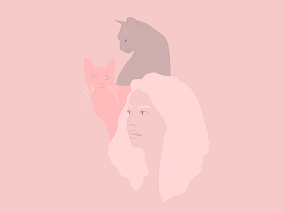 Pink Girl And Cats cats girl illustration muted pink portrait