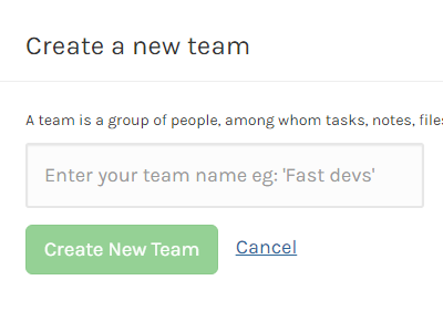 A modal popup to create a new team project management team management