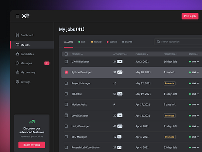 Data table list 3dartists darkmode dashboard design developers equal gamedev gaming jobs jobsearch mobile payments platform recruitment responsive ui userexperience userinterface ux webapp