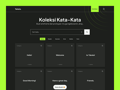 Takata:Koleksi Kata Kata - Dark Mode copywritin dark dark mode green indonesia neon night mode takata typography ui ui design ux web app web design