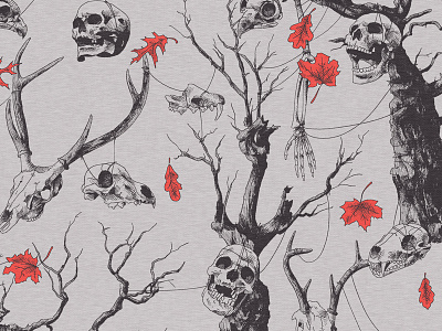 Skulls Allover animal bone creepy fall forest illustration leaf pattern skeleton skull textile tree