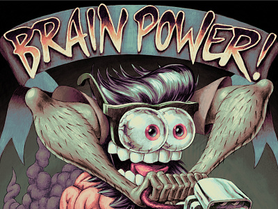 Brain Power banner beard car cartoon chrome flames hotrod illustration monster painting retro smoke