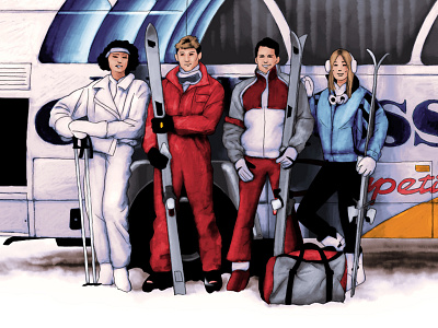 Ski Bus apparel bus helicopter illustration italy mountain painting retro ski sport vacation winter
