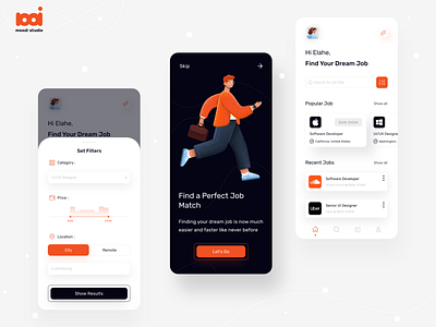 Job Finder App adobe xd app application black creative design figma illustration job jobfinder minimal orange ui uidesign uiux userinterface ux