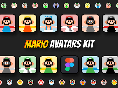 Mario Avatar and Characters Kit: Available on Figma app avatars branding characters design figma graphic design illustration kit mario ui ux vector