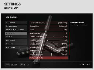 Settings menu for a game