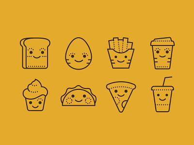 Dotted Icons of Kawaii Food coffe cola cupcake design egg food fun icon set icons icons8 illustration inktober2019 pizza vector web