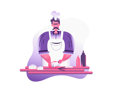 A chef cooking and cutting meat in the kitchen adobe illustrator art chef chef logo cooking cutting design flat illustration illustrations illustrator kitchen meat ui uidesign