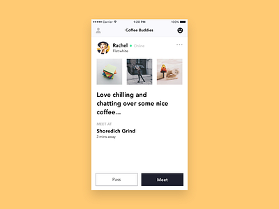 Coffee Buddies iOS app app coffee design flat ios meetups mvp social swipe ui ux yellow