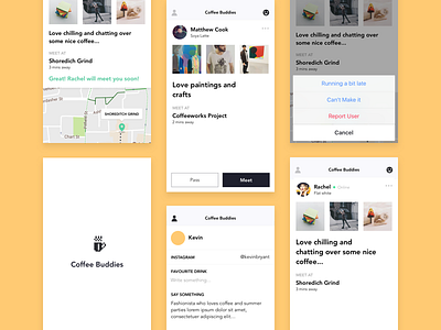 Coffee Buddies iOS app app coffee design flat ios meetups mvp social swipe ui ux yellow