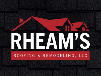 Rheam's Roofing & Remodeling black logo red remodel roof white