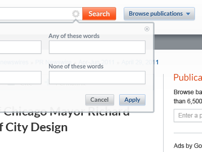 Redesigning highbeam.com header button buttons fly out flyout header input search web