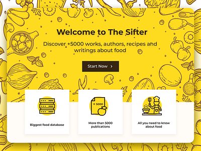 The Sifter | A Wikipedia for Food | PengYi Labs brown coffee design eat food food illustration foodie hamburger pizza sandwich search web design website website design wikipedia yellow