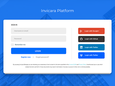 Login View with Social Login and Standard Sign In blue building github google linkedin login sign signup social twitter