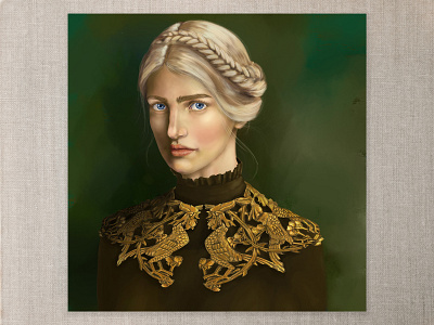 Golden Girl blonde blueeyes braided crown digitalart digitalpainting gold golden collar portraitpainting portraiture queen strong light