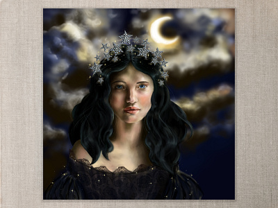 Night Personified beauty black lace cape town cloudy night digitalart fantasy art moon moonlight night portrait star crown stars strong light