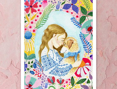 Sometimes all you need is love a5 art blonde hair cape town design dog illustration flowers folk clothing illustration pattern pink watercolor